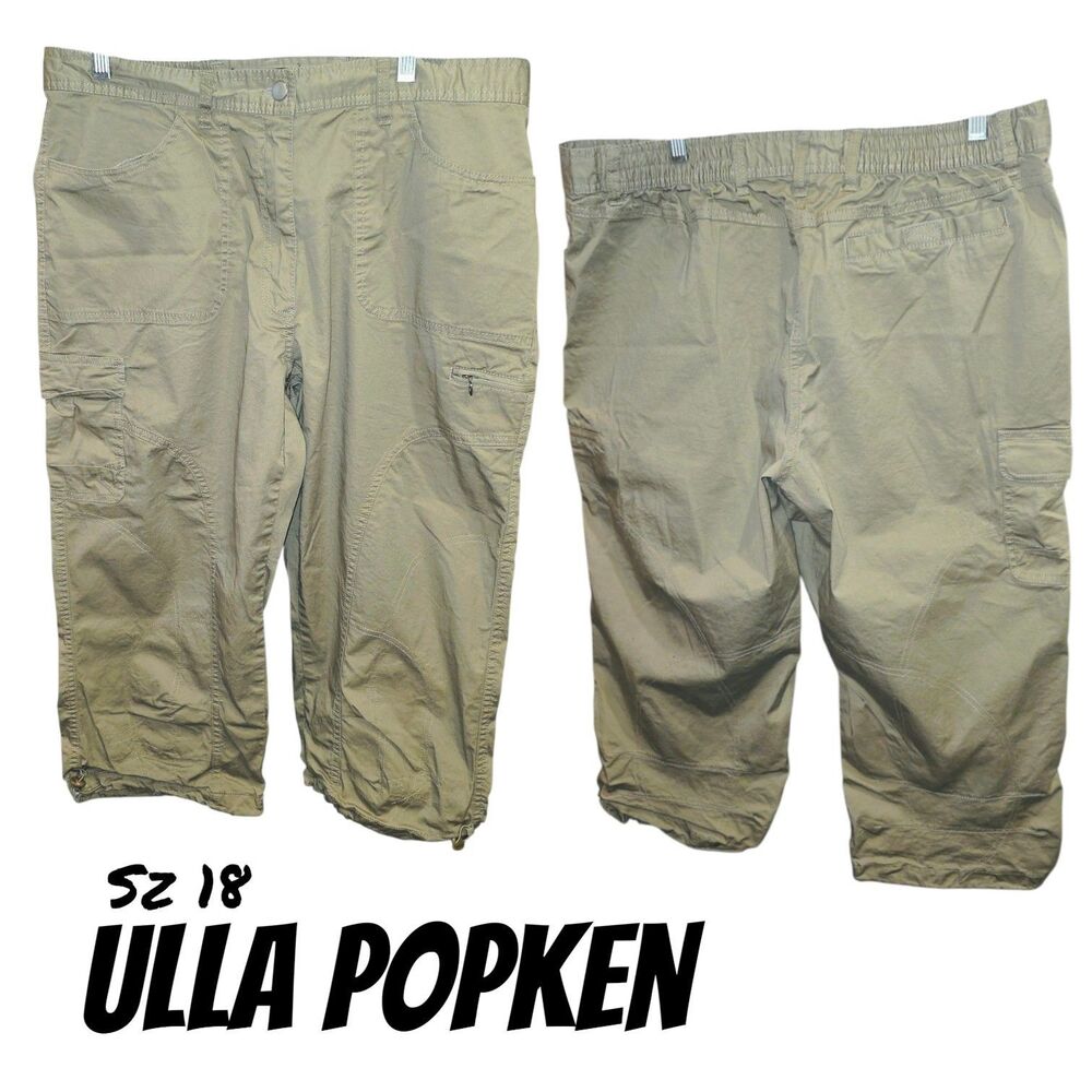 Ulla Popken Sz 18 Tan Drawstring Hem Elastic Back Side Pockets Cargo Crop Pants